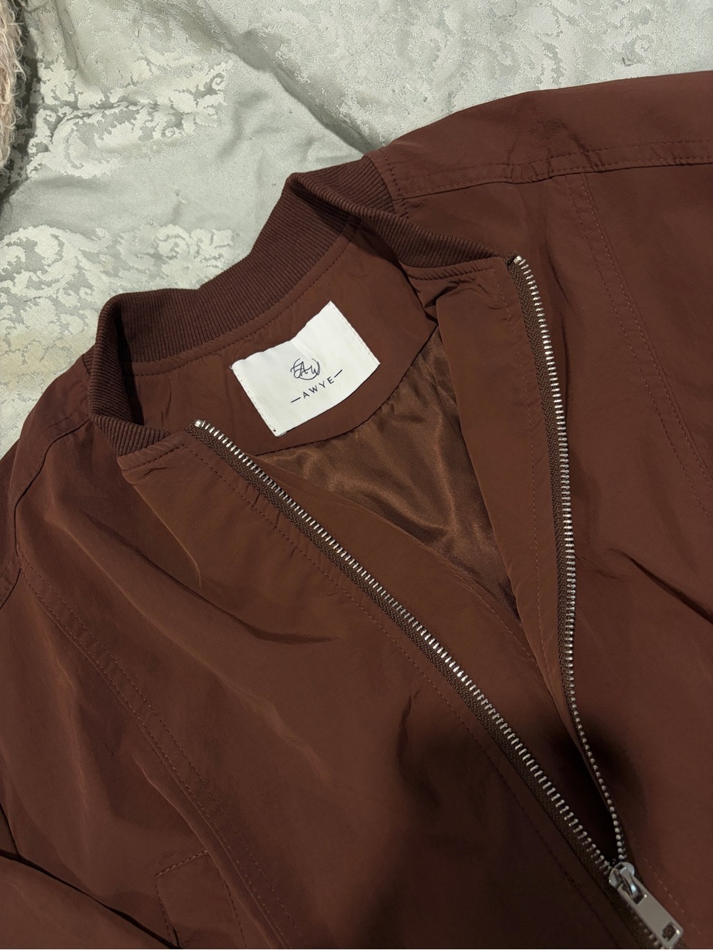 Women's Cropped Bomber Jacket with Balloon Sleeves - Chocolate Brown